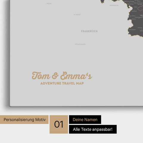 Landkarte von Niederlande, Belgien und Luxemburg als Pinnwand Leinwand in Light Gray mit Personalisierung und Namen in einer modernen Schreibschrift