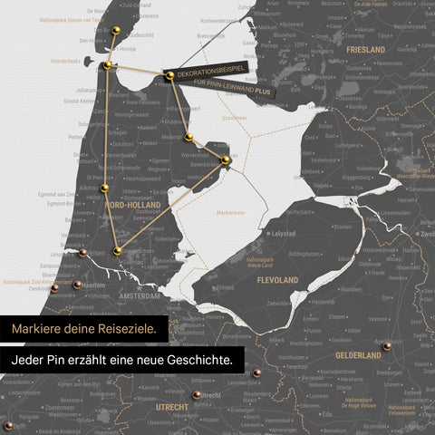 Moderne Benelux-Landkarte in der Farbe Light Gray als Pinn-Leinwand zeigt einen Ausschnitt von Nord-Holland und Utrecht, in der bereits besuchte Reiseziele durch Pins markiert sind 