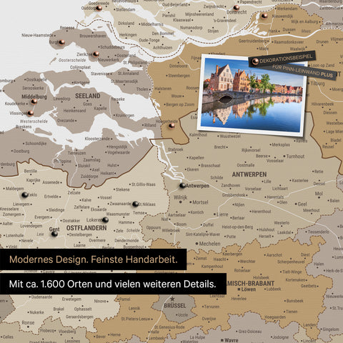 Benelux-Landkarte in Multicolor Beige als Leinwand zum Pinnen zeigt einen Ausschnitt von Seeland, Ostflandern und Antwerpen mit vielen Details wie Nationalparks, Flüssen und zahlreichen kleinen Orten und Städten, die teilweise mit Pins markiert sind
