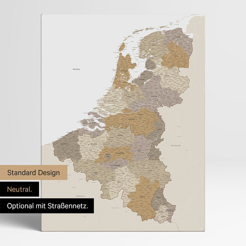Neutrale Standard Ausführung der detaillierten Benelux-Karte als Pinnwand Leinwand in Multicolor Beige ohne Personalisierung