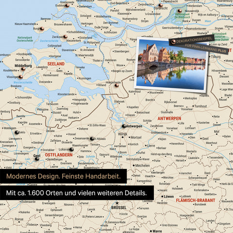Benelux-Landkarte in Multicolor Classic als Leinwand zum Pinnen zeigt einen Ausschnitt von Seeland, Ostflandern und Antwerpen mit vielen Details wie Nationalparks, Flüssen und zahlreichen kleinen Orten und Städten, die teilweise mit Pins markiert sind