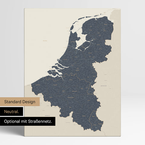 Neutrale Standard Ausführung der detaillierten Benelux-Karte als Pinnwand Leinwand in Navy Light ohne Personalisierung