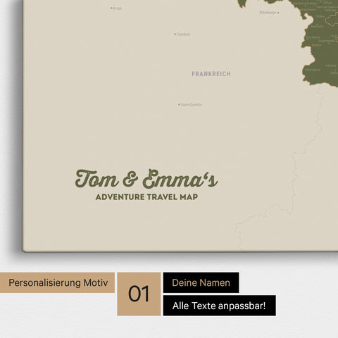 Landkarte von Niederlande, Belgien und Luxemburg als Pinnwand Leinwand in Oliv-Grün mit Personalisierung und Namen in einer modernen Schreibschrift
