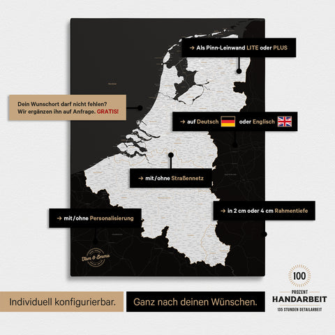 Carte de Benelux TRAVEL® à épingles – Noir foncé (Noir et blanc)