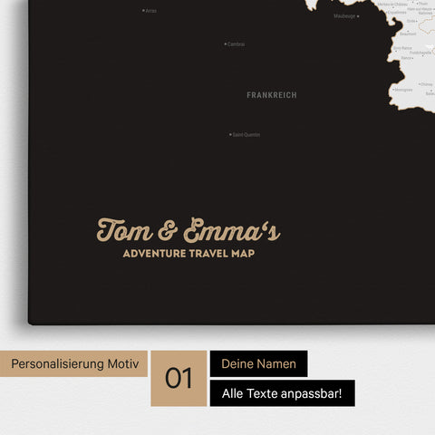 Landkarte von Niederlande, Belgien und Luxemburg als Pinnwand Leinwand in Schwarz-Weiss mit Personalisierung und Namen in einer modernen Schreibschrift