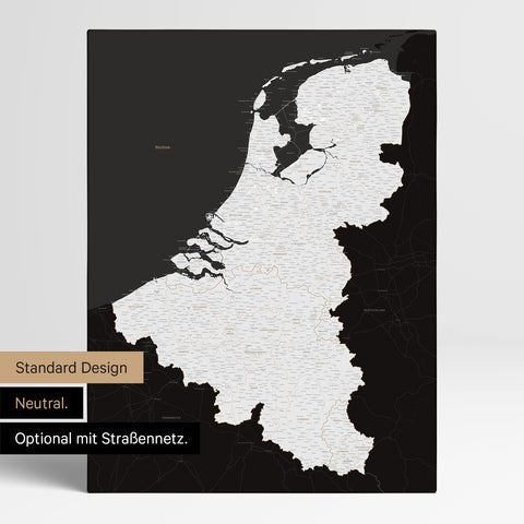Neutrale Standard Ausführung der detaillierten Benelux-Karte als Pinnwand Leinwand in Schwarz-Weiss ohne Personalisierung