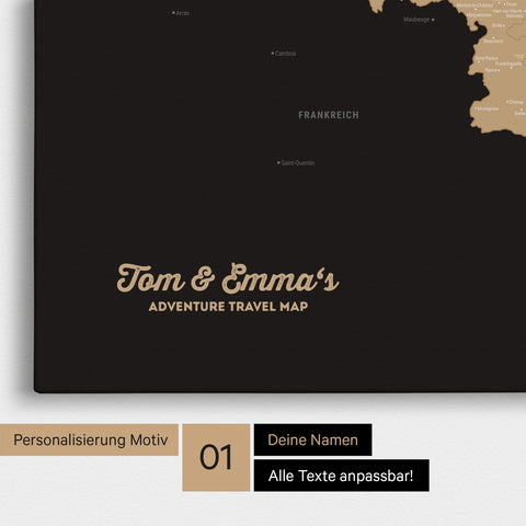 Landkarte von Niederlande, Belgien und Luxemburg als Pinnwand Leinwand in Sonar Black mit Personalisierung und Namen in einer modernen Schreibschrift