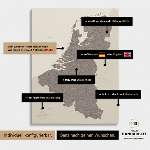 Carte de Benelux TRAVEL® à épingles – Warmgray