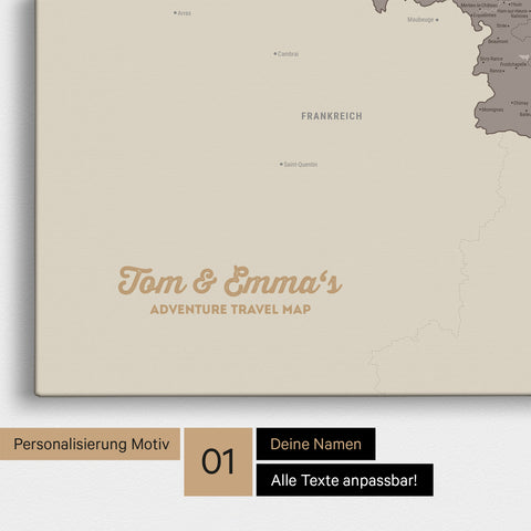 Landkarte von Niederlande, Belgien und Luxemburg als Pinnwand Leinwand in Warmgray mit Personalisierung und Namen in einer modernen Schreibschrift
