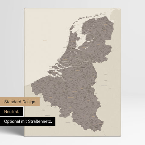 Neutrale Standard Ausführung der detaillierten Benelux-Karte als Pinnwand Leinwand in Warmgray ohne Personalisierung