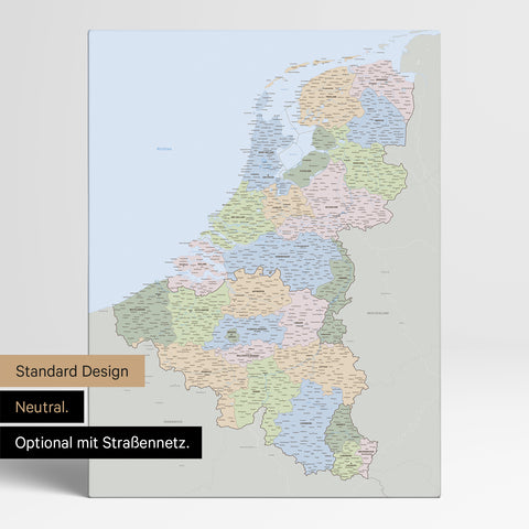 Neutrale Standard Ausführung der detaillierten politischen Benelux-Karte als Pinnwand Leinwand in Multicolor Grau ohne Personalisierung