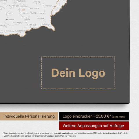 DACH-Karte als Pinn-Leinwand in Dark Gray mit Eindruck eines Firmenlogos