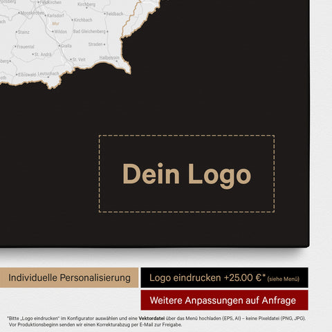 DACH-Karte als Pinn-Leinwand in Light Black mit Eindruck eines Firmenlogos