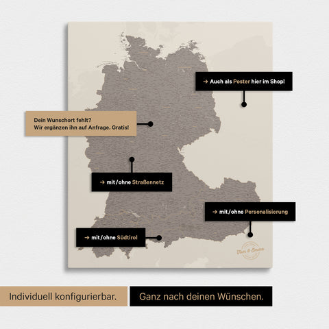 Vielfältige Konfigurationsmöglichkeiten einer DACH-Karte in Warmgray (Braun-Grau)