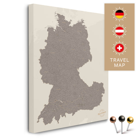 DACH-Landkarte in Warmgray (Braun-Grau) als Pinnwand Leinwand zum Pinnen und Markieren von Reisezielen kaufen