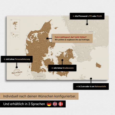 Vielfältige Konfigurationsmöglichkeiten einer Dänemark-Karte als Pinn-Leinwand in der Farbe Bronze