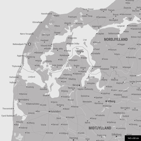 Ausschnitt einer Dänemark-Karte Pinn-Leinwand in der Farbe Coolgray zeigt Reiseziele rund um Kopenhagen, die mit Pins markiert sind