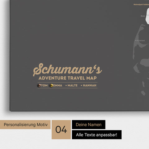 Detaillierte Dänemark-Karte als Pinn-Leinwand in Dunkelgrau mit Personalisierung als Logo für die gesamte Familie