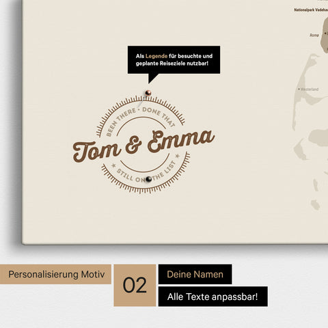 Personalisierte Dänemark-Karte als Pinn-Leinwand in Desert Sand mit eingedruckten Namen und einer Legende zur Markierung von besuchten Orten