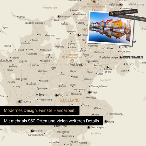 Ausschnitt einer Dänemark-Karte Pinn-Leinwand in der Farbe Gold zeigt Reiseziele rund um Kopenhagen, die mit Pins markiert sind
