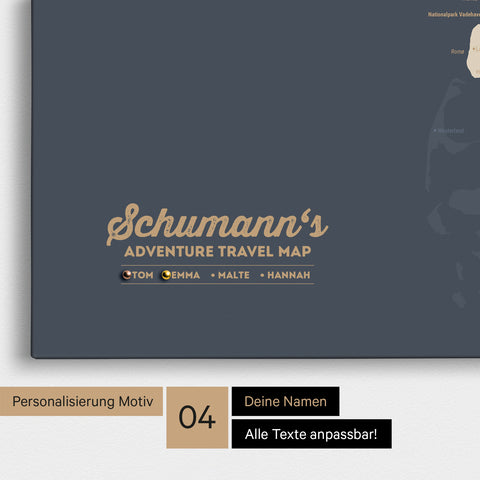Detaillierte Dänemark-Karte als Pinn-Leinwand in Hale Navy mit Personalisierung als Logo für die gesamte Familie