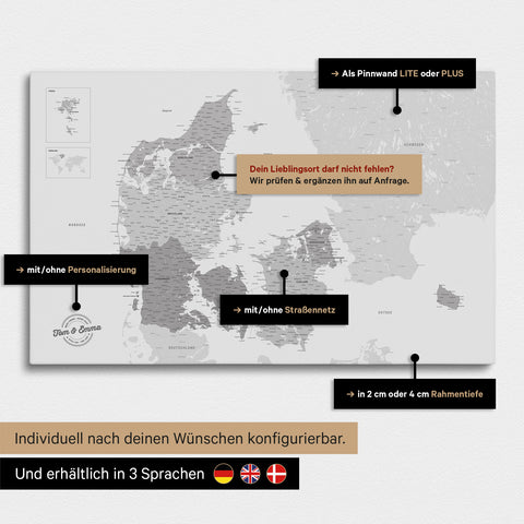 Vielfältige Konfigurationsmöglichkeiten einer Dänemark-Karte als Pinn-Leinwand in der Farbe Multicolor Gray