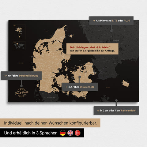 Vielfältige Konfigurationsmöglichkeiten einer Dänemark-Karte als Pinn-Leinwand in der Farbe Sonar Black