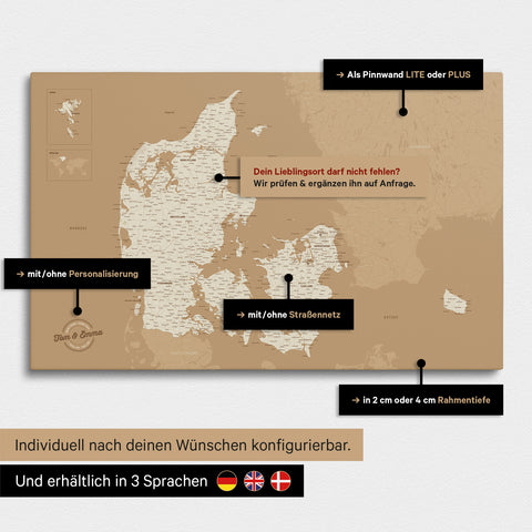 Vielfältige Konfigurationsmöglichkeiten einer Dänemark-Karte als Pinn-Leinwand in der Farbe Treasure Gold