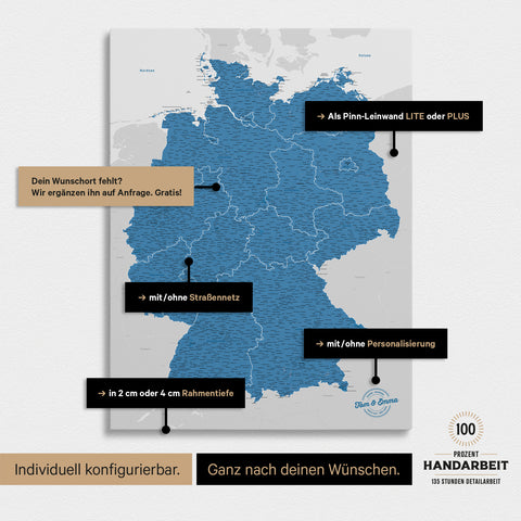 Vielfältige Konfigurationsmöglichkeiten einer Deutschland-Karte als Pinn-Leinwand in Blau