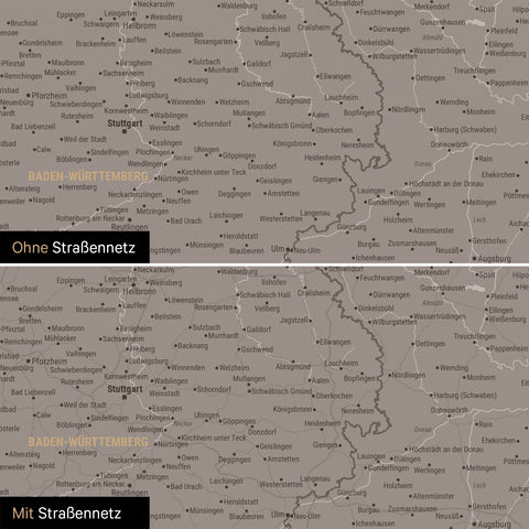 Deutschland-Karte Leinwand in Warmgray (Braun-Grau) wahlweise mit oder ohne Straßennetz