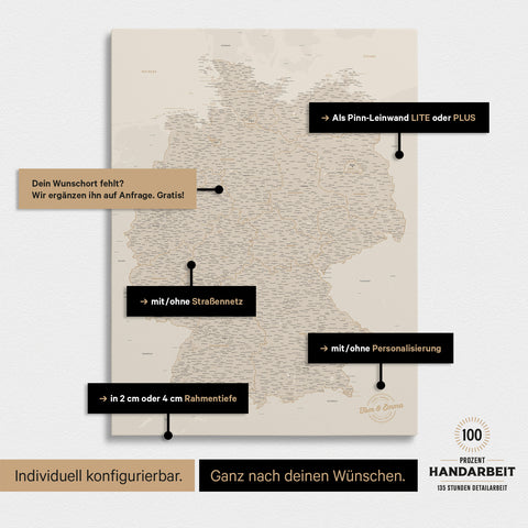 Vielfältige Konfigurationsmöglichkeiten einer Deutschland-Karte als Pinn-Leinwand in Gold
