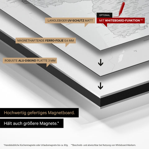 Carte magnétique de l'Allemagne TRAVEL® Tableau magnétique – Multicolore Gris