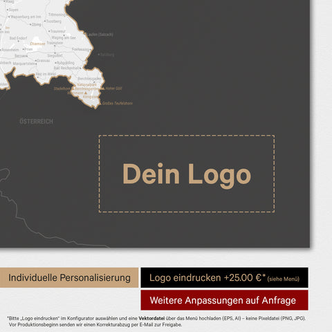Weltkarte als Deutschland-Karte in Dunkelgrau mit Eindruck eines Firmenlogos