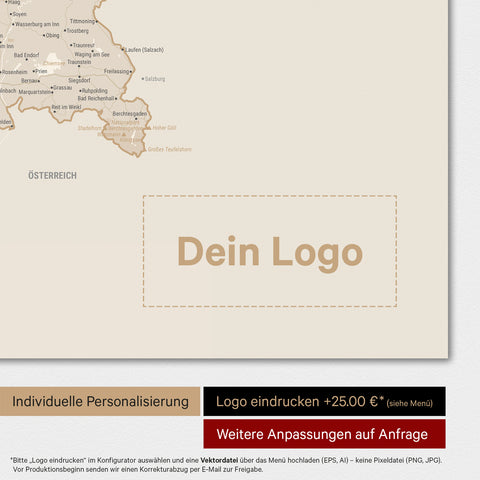 Weltkarte als Deutschland-Karte in Gold mit Eindruck eines Firmenlogos