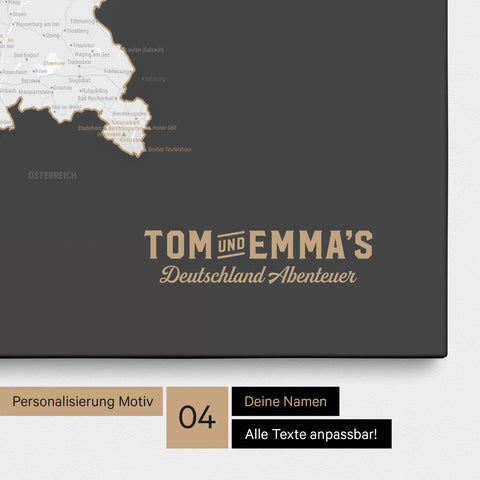 Deutschland-Karte als Pinn-Leinwand in Dunkelgrau mit eingedruckten Logo im Vintage-Look
