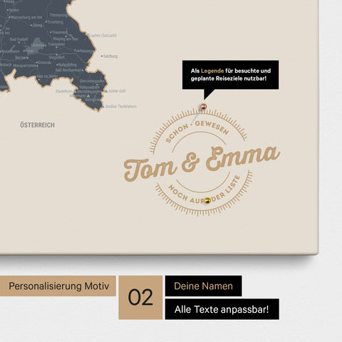 Pinnwand Leinwand einer Deutschlandkarte in Farbe Navy Light mit personalisiertem Eindruck von Namen und einer Legende zum Markieren