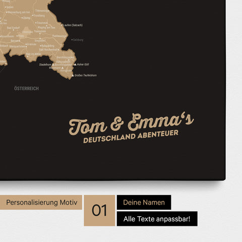 Deutschland-Karte als Pinnwand Leinwand in Sonar Black mit Personalisierung und Eindruck mit deinem Namen