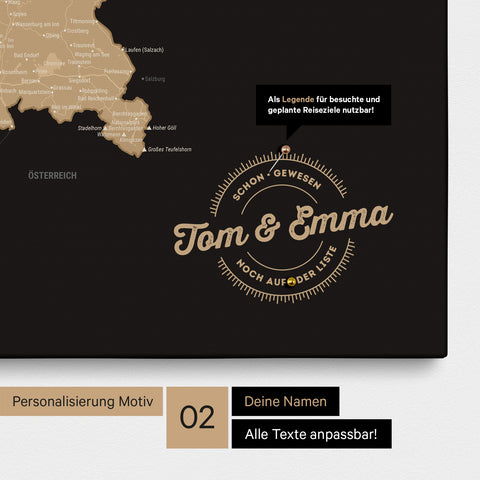 Pinnwand Leinwand einer Deutschlandkarte in Farbe Sonar Black mit personalisiertem Eindruck von Namen und einer Legende zum Markieren