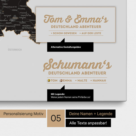 Pinnwand Leinwand einer Deutschland-Karte in Light Black (Weiss-Schwarz) mit Personalisierung als Logo mit Familiennamen