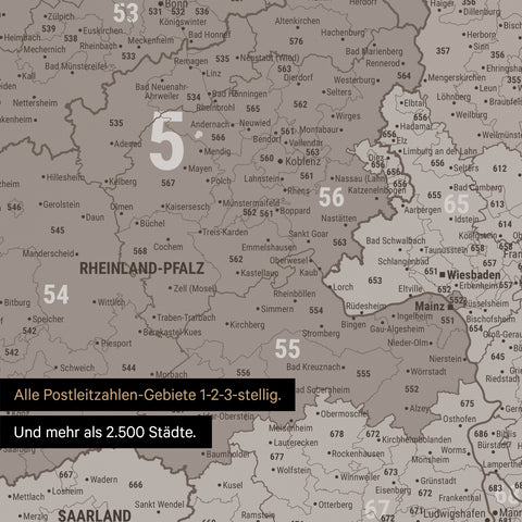 Ausschnitte einer Postleitzahlenkarte von Deutschland mit Bayern als Pinn-Leinwand in Warmgray (Braun-Grau)
