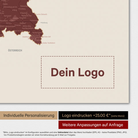 Deutschland-Karte als Poster in Bordeaux Rot mit Eindruck eines Firmenlogos