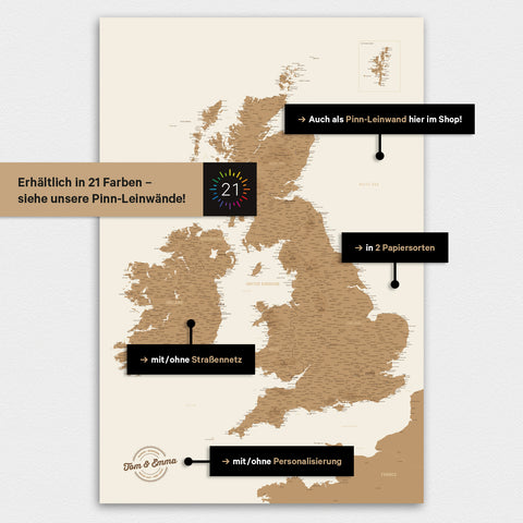 Carte UK Angleterre & Irlande TRAVEL® Tableau magnétique – en 21 couleurs