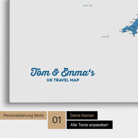 England- & Großbritannien-Karte Pinn-Leinwand in Farbe Blau mit personalisiertem Text