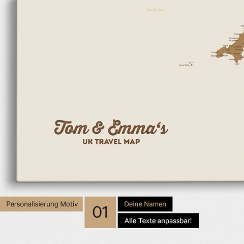 England- & Großbritannien-Karte Pinn-Leinwand in Farbe Bronze mit personalisiertem Text