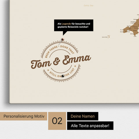 Personalisierte England-Karte als Pinn-Leinwand in Farbe Bronze mit eingedruckten Namen und einer Legende zur Markierung von besuchten Orten