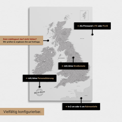Vielfältige Konfigurationsmöglichkeiten einer England- & Großbritannien-Karte in Coolgray