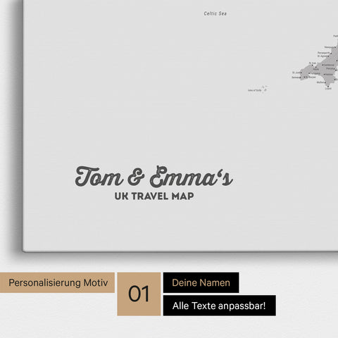 England- & Großbritannien-Karte Pinn-Leinwand in Farbe Coolgray mit personalisiertem Text