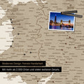Ausschnitt einer Landkarte von Wales und England in Farbe Desert Sand mit Pins zur Markierung von besuchten Reisezielen