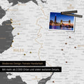 Ausschnitt einer Landkarte von Wales und England in Farbe Dunkelgrau mit Pins zur Markierung von besuchten Reisezielen