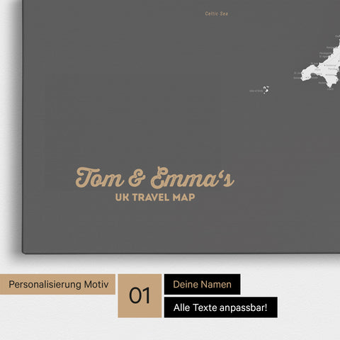 England- & Großbritannien-Karte Pinn-Leinwand in Farbe Dunkelgrau mit personalisiertem Text